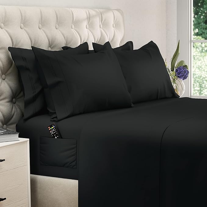 DREAMCARE Queen Sheet Set – 6 pcs Cooling Bed Sheets – up to 15” Deep Sheets Queen Size Bed Set – 2500 Supreme Collection – Extra Soft 100% Brushed Microfiber Hotel Luxury with Side Pocket – Black