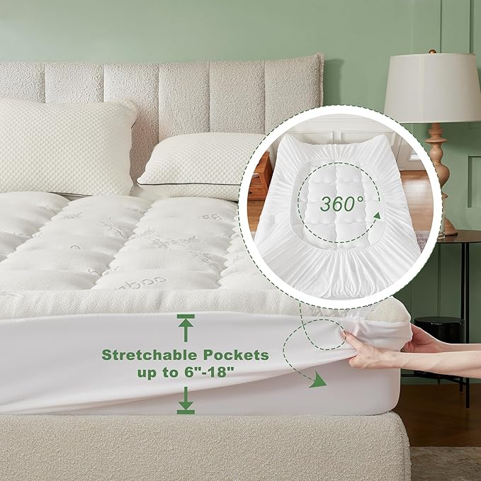 BEDLORE King Mattress Topper Viscose Derived from Bamboo, Thick Pillow Top Mattress Pad with Stretchable Pockets for 6-18 inches Mattress, Soft Breathable Mattress Topper for Back Pain Relief