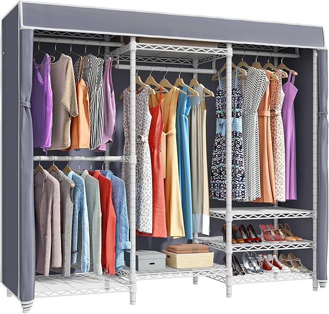 VIPEK V5C Portable Bedroom Armoires Wardrobe Closet with Cover, Heavy Duty Covered Clothes Rack Adjustable Closet Rack, White Metal Clothing Rack with Grey Oxford Fabric Cover, 70.1" Lx17.3 Wx76.4 H