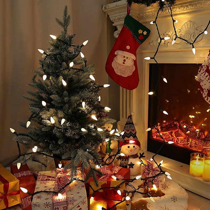 Brizled Christmas Lights Warm White, 33ft 100 LED C5 Faceted Christmas String Lights, 120V UL Certified Xmas Light Connectable Xmas Tree Light Indoor Outdoor for Home Tree Holiday Wedding Patio Decor