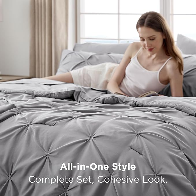 Bedsure California King Comforter Set Grey - Bed in a Bag Cal King Bedding Set 7 Pieces, GentleSoft™ Pintuck Bed Set Gift for Family, Pinch Pleat Grey Comforter with Sheets, Pillowcases & Shams