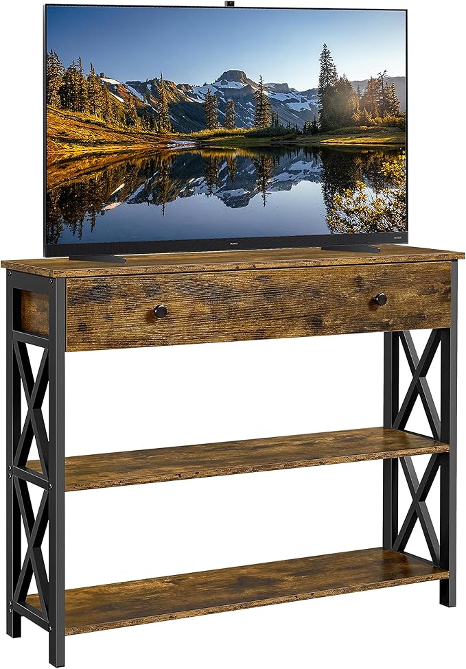 Yaheetech Console Table with Drawer, Entryway Table with 3 Tier Storage Shelves, Narrow Long Sofa Tables for Entryway, Living Room, Hallway, Couch, Kitchen, Metal Frame, Rustic Brown