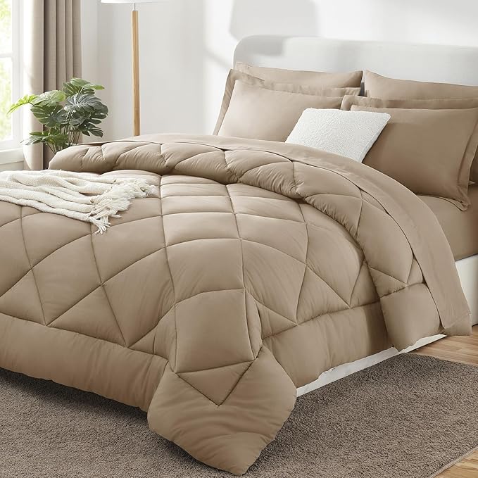 CozyLux Queen Comforter Set Taupe - Bed in a Bag Queen Size 7 Pieces, Luxury Soft Bed Set for All Seasons, Bedding Set with Down Alternative Comforter, Sheets, Pillowcases & Shams