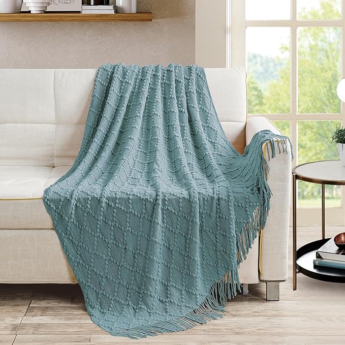 BOURINA Blue Throw Blanket 50 x70 Inches Jacquard Argyle Throw Textured Solid Soft Throws and Blankets for Sofa or Bed Knitted Decorative Blanket