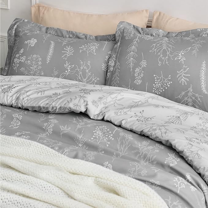 Bedsure California King Comforter Set - Grey Bed Set, 3 Pieces Cute Floral Bedding, 1 Soft Reversible Botanical Flowers Comforter and 2 Pillow Shams