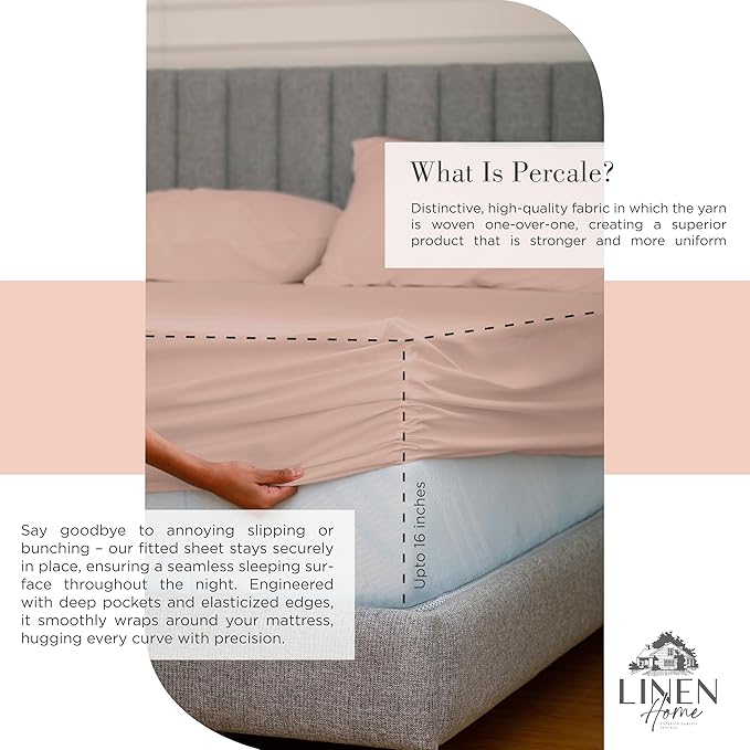 Linen Home 100% Cotton Percale Sheets Full Size, Brushed Rose, Deep Pocket, 4 Pieces Set - 1 Flat, 1 Deep Pocket Fitted Sheet and 2 Pillowcases, Crisp Cool and Strong Bed Linen
