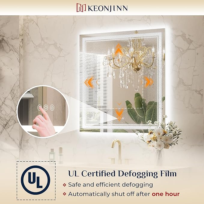 Keonjinn LED Bathroom Mirror 40” x 24” with Frontlit and Backlit, Stepless 3 Colors Temperature & Dimmable Vanity Mirror, UL Listed LED Driver, Double Light Strips, Tempered Glass Mirror with Lights