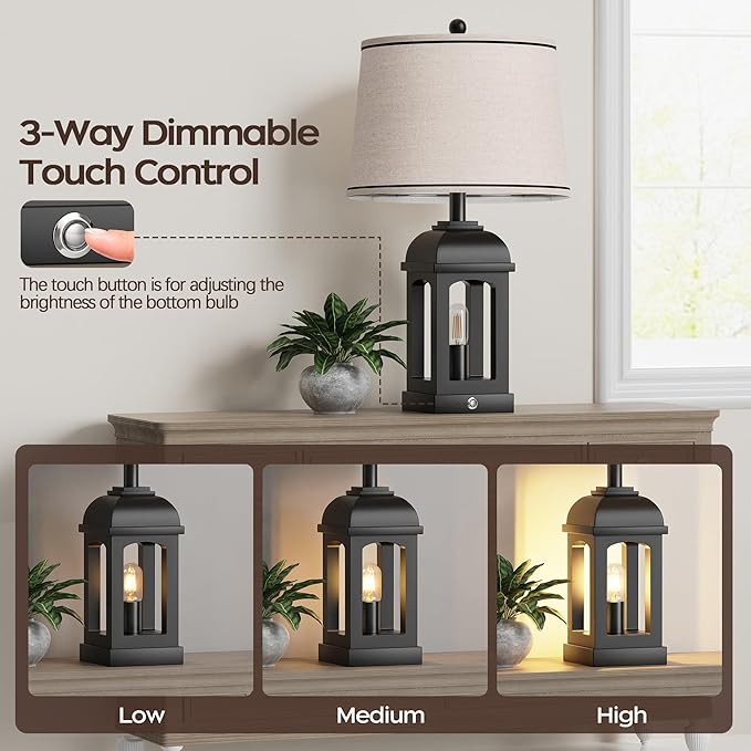 QiMH Table Lamp for Living Room, Farmhouse Lamps Set of 2 with USB A+C and Nightlight, 26" Rustic Bedside Lamps with 3-Way Dimmable Touch Control, Nightstand Lamp for Bedroom Decor, Black