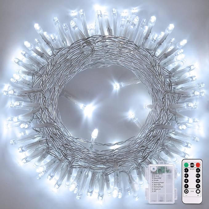 JMEXSUSS White Christmas Lights with Remote, 33ft 100 LED Battery Operated Christmas Lights, 8 Modes Outdoor Indoor String Light for Xmas Bedroom Tree Yard Porch Wedding
