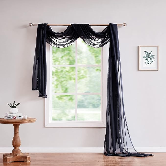 Warm Home Designs 30 Feet Long Sheer Black Window Scarf. These XXL Length Valance Window Scarves 54 X 360 Inches in Size. Great as Bed Canopy or Wedding Arch Draping Fabric. AM Black 360"