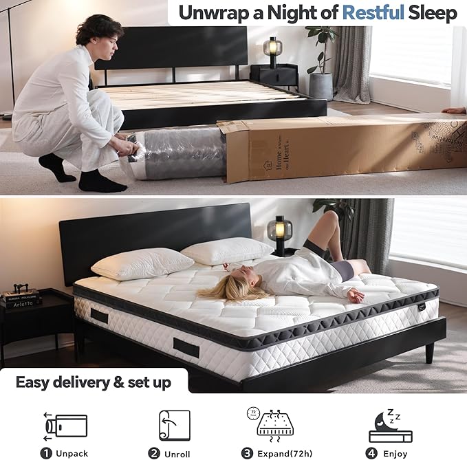 King Size Mattress in a Box, 10 Inch Hybrid Mattress with Individual Pocket Spring & Memory Foam, Soft, Motion Isolation, Medium Firm Comfort for Pressure Relief, CertiPUR-US Certified