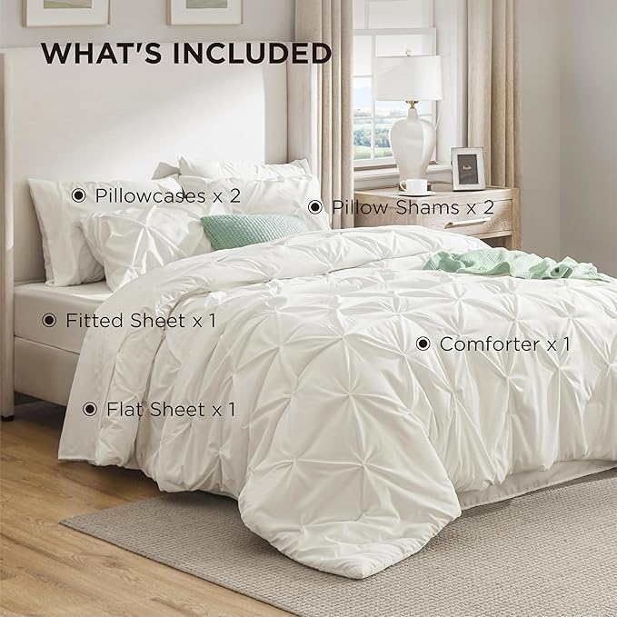Bedsure King Size Comforter Set Ivory - Bed in a Bag Bedding Set 7 Pieces, GentleSoft™ Pintuck Bed Set Gift for Family, Pinch Pleat Ivory Comforter with Sheets, Pillowcases & Shams