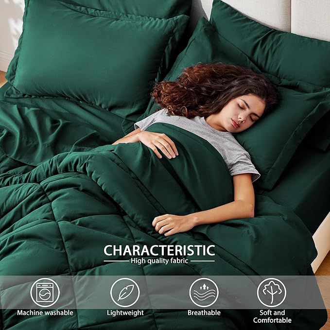 Love's cabin Full Comforter Set Dark Green, 7 Pieces Full Bed in a Bag, All Season Bedding Sets with 1 Comforter, 1 Flat Sheet, 1 Fitted Sheet, 2 Pillowcase and 2 Pillow Sham