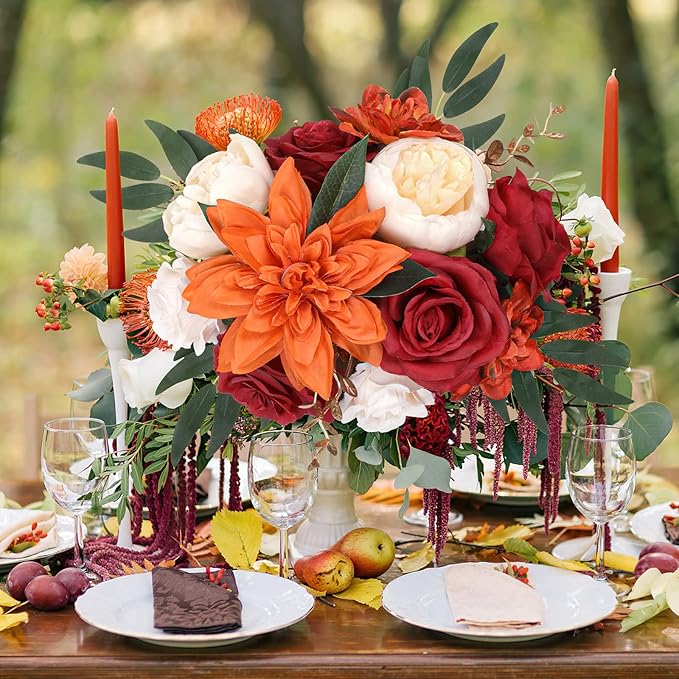 AmyHomie Orange Artificial Flowers Combo Silk Mix Peony Rose Hydrangea Fake Flowers w/Stem for DIY Wedding Bouquets Centerpieces Arrangements Table Fall Decor Party Bridal Baby Shower Home Decorations