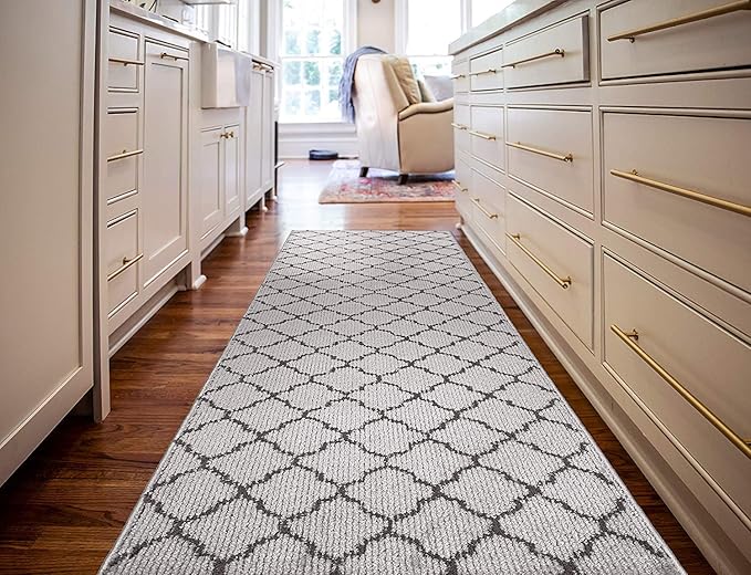 Custom Size Modern Runner Rug Carpet for Hallway Entryway Foyer Kitchen, Slip Resistant Latex Rubber Backed 31 inch Wide X Customized Length, Trellis Grey, 31 inch X 25 feet