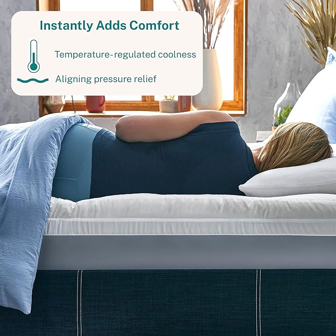 Sleep Innovations Cooling Comfort Gel Memory Foam Dual Layer Mattress Topper, 4 Inch, Queen Size, Pillow Top Cover