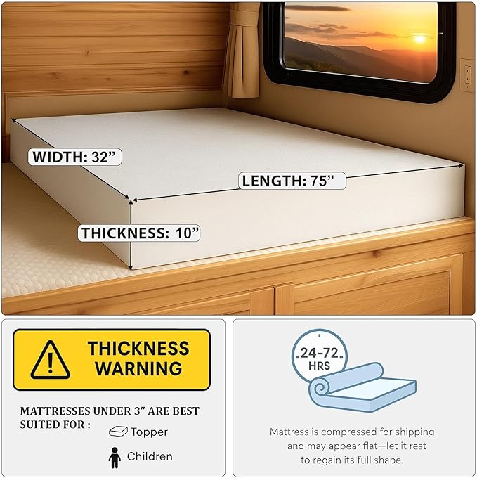 Foamma 10” x 32” x 75” Camper/RV Travel High-Density Bunk Mattress Topper, Made in USA, Comfortable, Travel Trailer, CertiPUR-US Certified, Cover Not Included