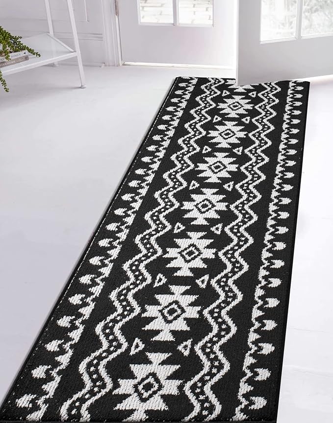 Custom Length Cut to Size Tribal Ethnic Southwestern Inspired Hallway Runner Rug, Non Slip Rubber Backed, 31 inch Wide X Customized Length, Aztec Black, 31 inch X 22 feet