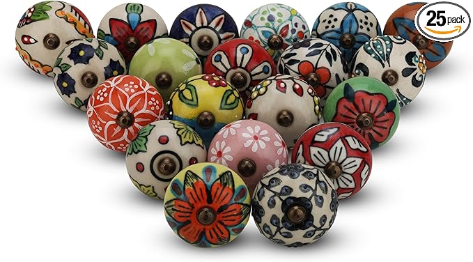 Knobs for Cabinets and Drawers Assorted Multicolor Cupboard Wardrobe Furniture Knob Door Pull Handles for Dresser Kitchen Wardrobes Boho Home Interior Decor - Pack of 25
