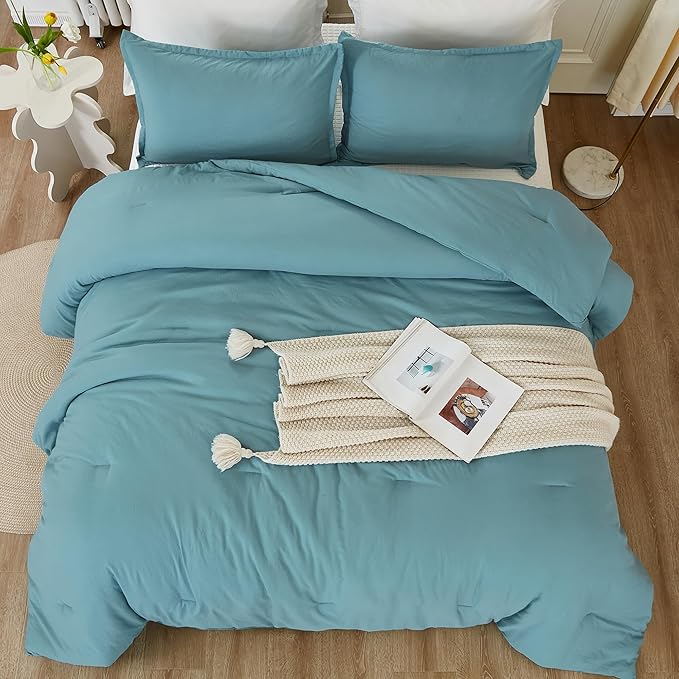 Litanika Comforters Grayish Teal Oversized King Size, 3 Pieces Lightweight Solid Bedding Comforter Set, All Season Fluffy Bed Set (120x98In Comforter & 2 Pillowcases)