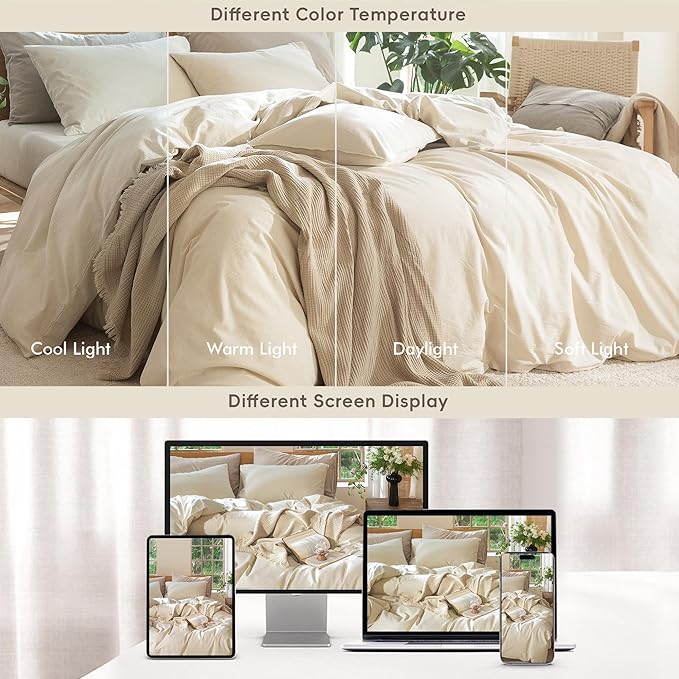 MooMee Bedding Duvet Cover Set 100% Washed Cotton Linen Like Textured Breathable Durable Soft Comfy (Heathered Almond Milk Grey, Alaska King 132"x120")