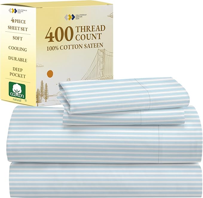 California Design Den California King Sheet Sets - 400 Thread Count Sateen, Natural 100% Cotton Sheets Set, Deep Pocket Cooling and Durable Bedding - Cape Stripe