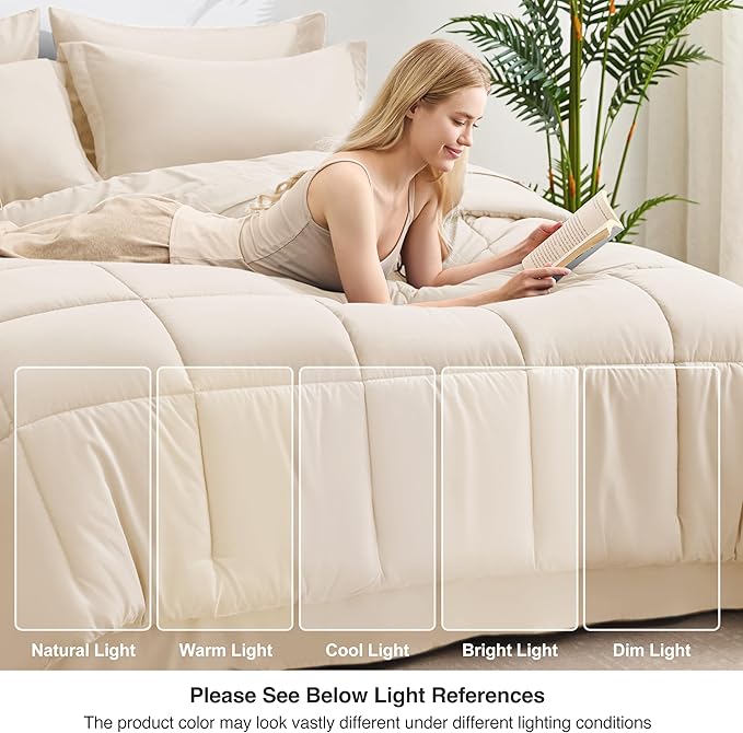 Love's cabin California King Comforter Set Beige, 7 Pieces California King Bed in a Bag, All Season Bedding Sets with 1 Comforter, 1 Flat Sheet, 1 Fitted Sheet, 2 Pillowcase and 2 Pillow Sham