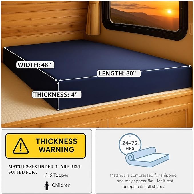 Foamma 4” x 48” x 80” Water Resistant RV Bunk Mattress, Firm High Density Foam, Comfortable and Durable Polyester Cover, Truck, Camper, Travel Trailer, Made in USA!