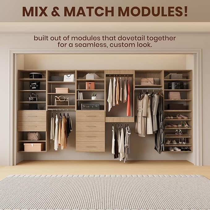ROOMTEC 31.5" Medium Hanging Closet Unit, Modular Closet System with Hanging Rod, Wardrobe Organizer for Bedroom or Walk-in Closet, Wall Mounted, Customizable Clothes Storage Unit, Wood