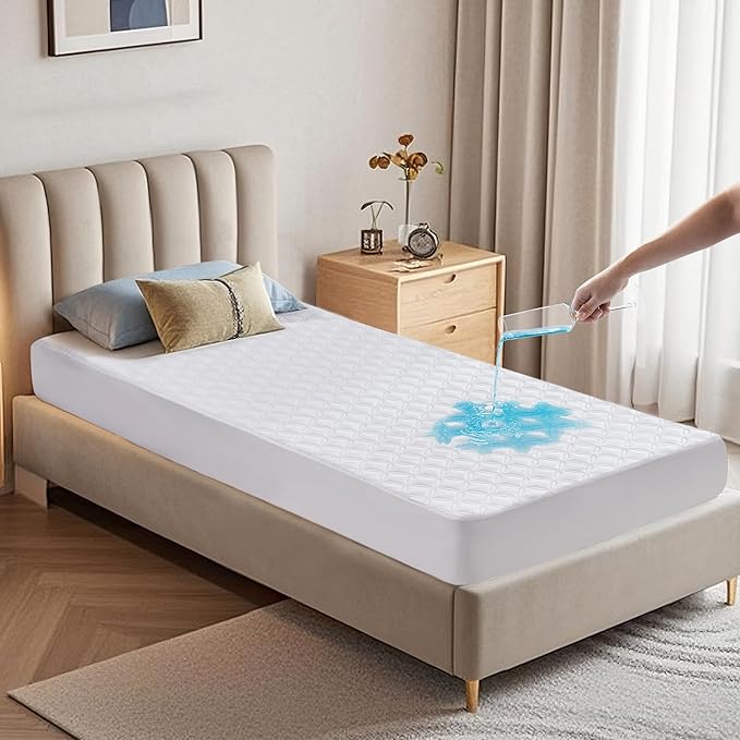 BEDLORE Waterproof Mattress Protector, Twin Size Mattress Pad with Deep Pocket Fitted Up to 6-15 inches, Soft Noiseless Single Bed Mattress Cover for Bedroom, Dorm Room (White)