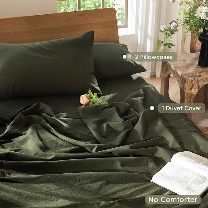 MooMee Bedding Duvet Cover Set 100% Washed Cotton Linen Like Textured Breathable Durable Soft Comfy (Solid Olive Green, Queen 90"x90")
