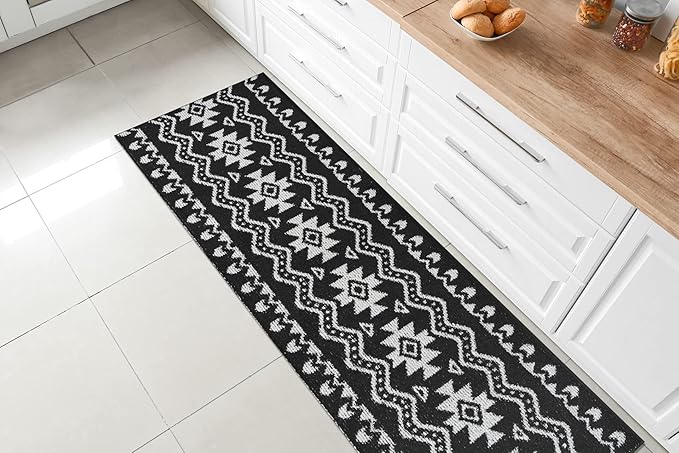 Custom Length Cut to Size Tribal Ethnic Southwestern Inspired Hallway Runner Rug, Non Slip Rubber Backed, 31 inch Wide X Customized Length, Aztec Black, 31 inch X 14 feet