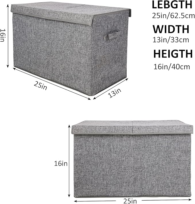popoly 2 Pack Large Toy Box Chest with Lid, Collapsible Sturdy Toy Storage Organizer Boxes Bins Baskets for Kids, Boys, Girls, Nursery, Playroom, 25"x13" x16" (Linen Gray)