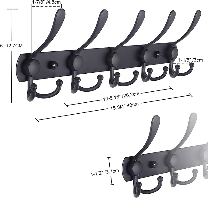 Dseap Coat Rack Wall Mounted - 5 Tri Hooks, Heavy Duty, Stainless Steel, Metal Coat Hook Rail for Coat Hat Towel Purse Robes Mudroom Bathroom Entryway, Silver