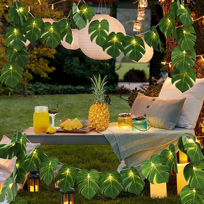 RECUTMS 2 Pack Artificial Tropical Palm Leaves String Lights, Large Size 20 LED Monstera Green Leaf Hanging Vine Greenery,Indoor Hawaiian Luau Jungle Beach Safari Baby Shower Party Spring Summer Decor