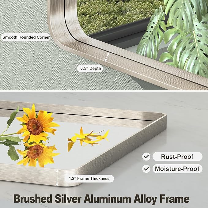 36x36 Inch Brushed Nickel Bathroom Mirror, Square Brushed Silver Metal Framed Wall Mirror, Rounded Corner Rectangle Modern Vanity Mirror, Tempered Glass, Anti-Rust, Shatterproof (Horizontal/Vertical)
