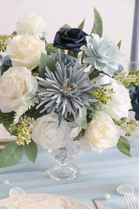 Blue White Artificial Flowers Silk Fake Roses Peonies Greenery Combo Box Set for DIY Wedding Bouquets Bridal Shower Centerpieces Floral Arrangements Party Tables Home Decoration