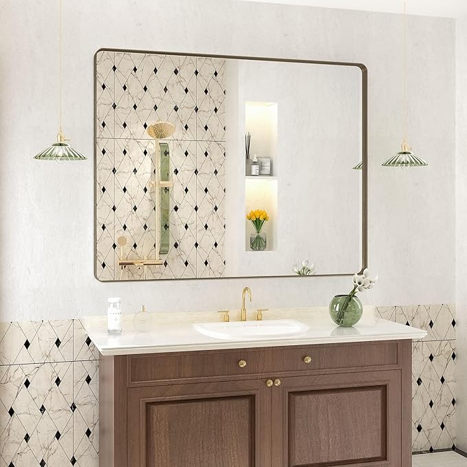 40x30 Bronze Brushed Bathroom Mirror for Wall, Brushed Metal Framed Bathroom Vanity Mirror, Modern Rectangle Mirror, Rounded Corner, Shatterproof, Anti-Rust (Horizontal/Vertical)