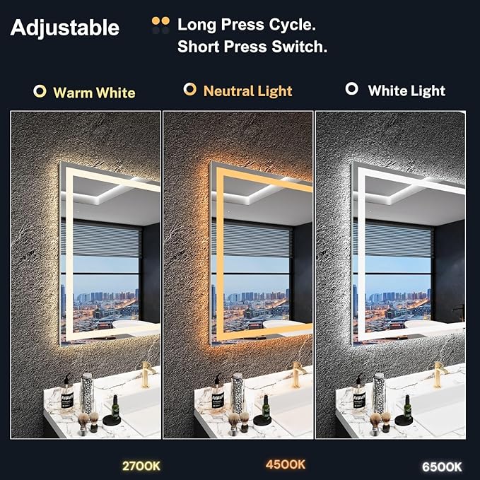 LED Bathroom Mirror 24"x 32",Front Lit and Backlit LED Mirror,Vanity Mirror with Lights Stepless Dmable,Aimnti-Fog, Shatter-Proof, Memory,3 Color LED Wall Mirror (Horizontal/Vertical)