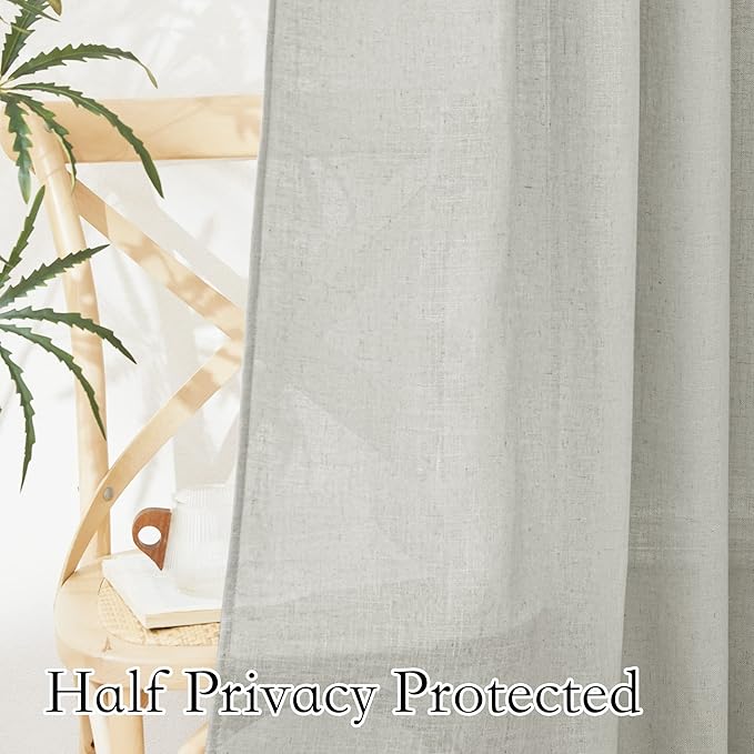 RYB HOME Floor to Ceiling Curtains 120 inches Long, Flax Linen Blend Semi Sheer Curtains Soft Airy Half Privavy Drapery for Sliding Door, Bay Window, Living Room, W 52 x L 120 inch, 2 Panels, Grey