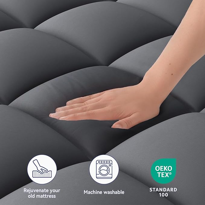 ELEMUSE RV Short Queen Grey Mattress Topper for Back Pain, Extra Thick Mattress Pad Cover, Plush Soft Pillowtop with Elastic Deep Pocket, Overfilled Down Alternative Filling