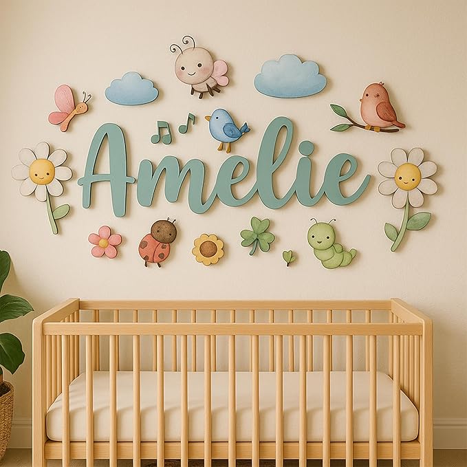 Custom Nursery Name Sign with Themed Decor Kit | Personalized Wooden Wall Art for Baby, Kids Room | Space, Jungle, Circus, Under the Sea, Woodland, Rainbow (10", Fairy Garden)