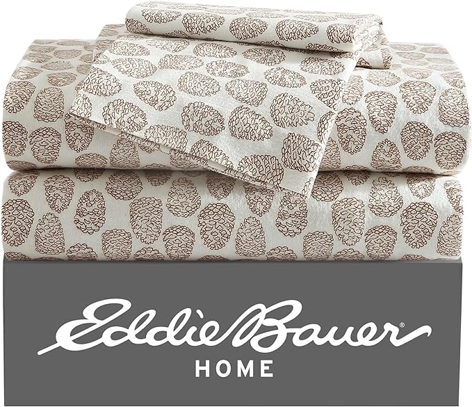 Eddie Bauer - Queen Sheets, Cotton Flannel Bedding Set, Brushed For Extra Softness, Cozy Home Decor (Little Creek Pine Cone Beige, Queen)