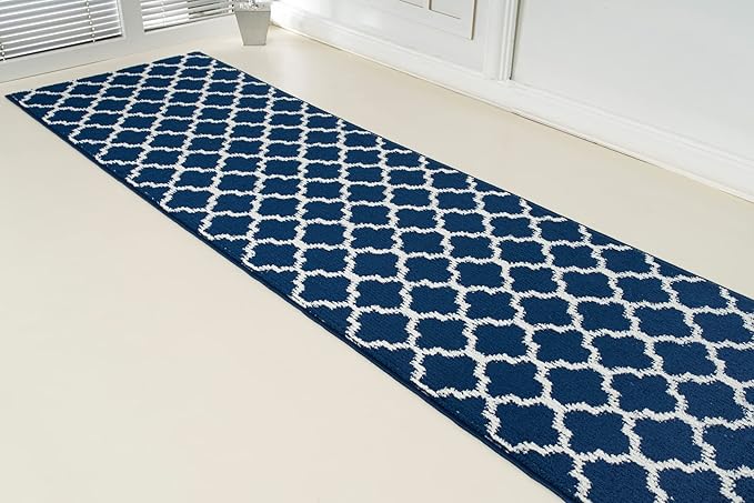 Custom Size Cut to Length Moroccan Trellis Design Runner Rug Mat For Wide Long Hallways with Non-Slip Rubber Backing, Better Traction for Pets, Prevent Slippage, Trellis Navy Blue, 31 inch X 13 feet