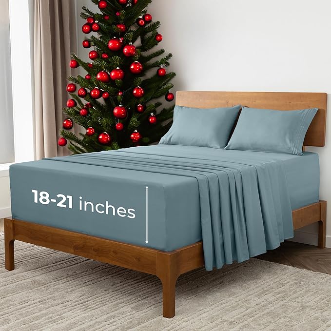 Mellanni Extra Deep Split King Sheets - 5 PC Iconic Collection Bedding - Hotel Luxury, Ultra Soft, Cooling Bed Sheets - Wrinkle, Fade, Stain Resistant (Split King, Spa Blue)