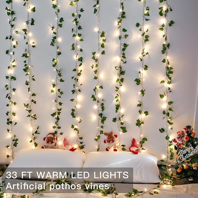 suddus Vine with Fairy Light Plug in, 33ft 100 LED Pothos String Lights Connectable with Remote, Leaf Lights for Bedroom, Room, Wall, Garden, Party, Wedding Decor (Warm White)