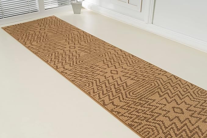 Custom Length Cut to Size Tribal Ethnic Southwestern Inspired Hallway Runner Rug, Non Slip Rubber Backed, 31 inch Wide X Customized Length, Inca Tan, 31 inch X 8 feet