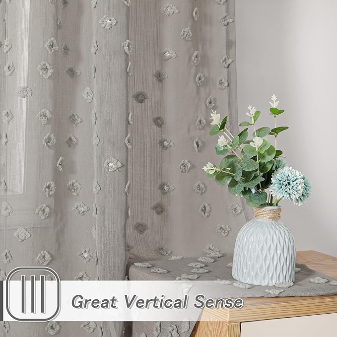 MYSKY HOME Grey Sheer Short Curtains with Pom Pom for Small Windows Bedroom Nursery Kids Girls Room Curtains Cafe Kitchen Light Filtering Boho Drapes, Rod Pocket,52 x 54 Inches, 2 Panels