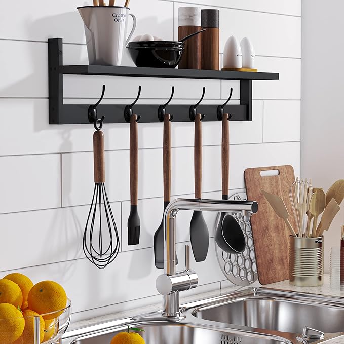 BAMEOS Wall-Mounted Shelf with Hooks - 28.9 Inch Entryway Hanging Shelf with 5 Dual Hooks for Bathroom, Living Room, Bedroom (Black)