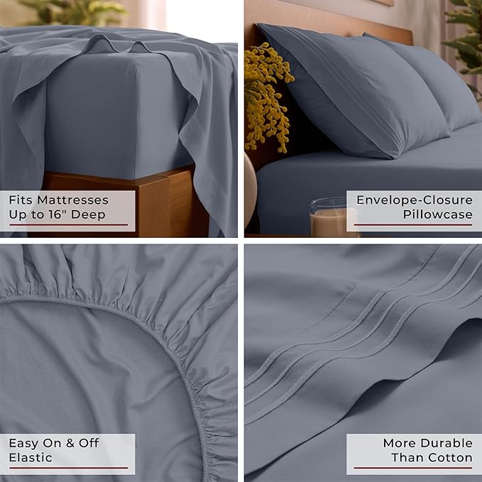 Mellanni Queen Sheets Set - 4 PC Iconic Collection Bedding - Hotel Luxury, Extra Soft, Cooling Bed Sheets - Wrinkle, Fade, Stain Resistant (Queen, Mineral Gray)
